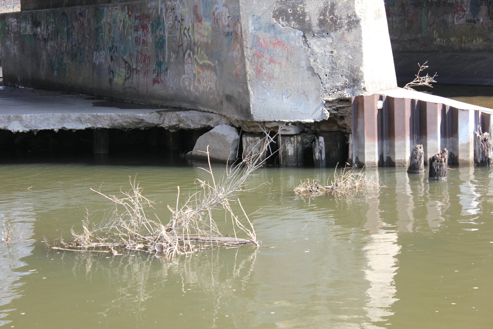 Exposed pilings at center pier